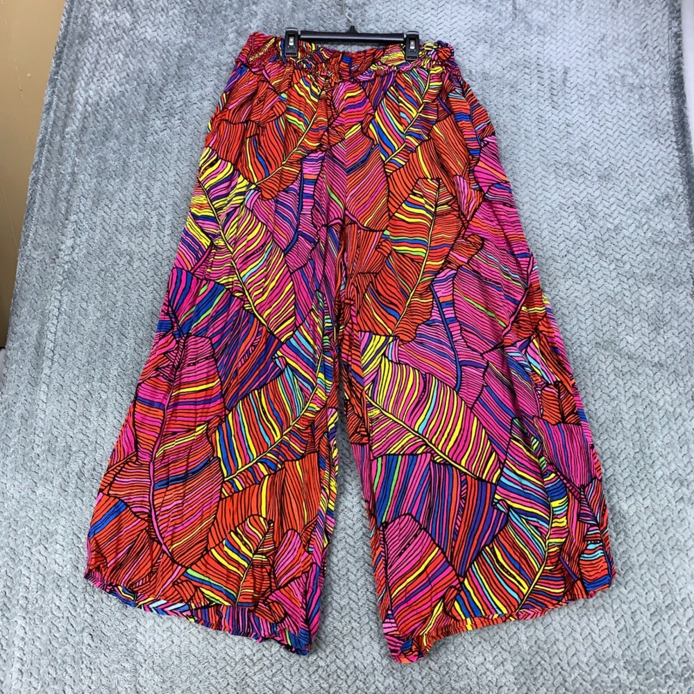 Chelsea & Theodore Pants Women's 1X Tropical Leaf Print Wide Leg Multi-Color